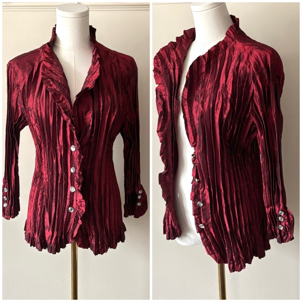 90s Vintage Agora Whimsigoth Burnt Red Metallic Sheen Satin Crinkle‎ Button Up